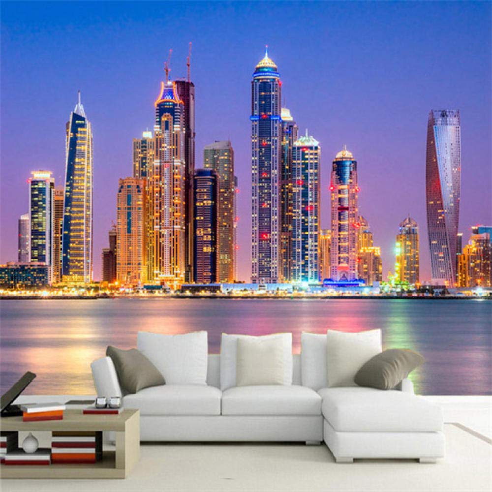 Photo panoramique Dubaï nuit décor mural 3D pour l'ambiance feutrée d'un café ou salon