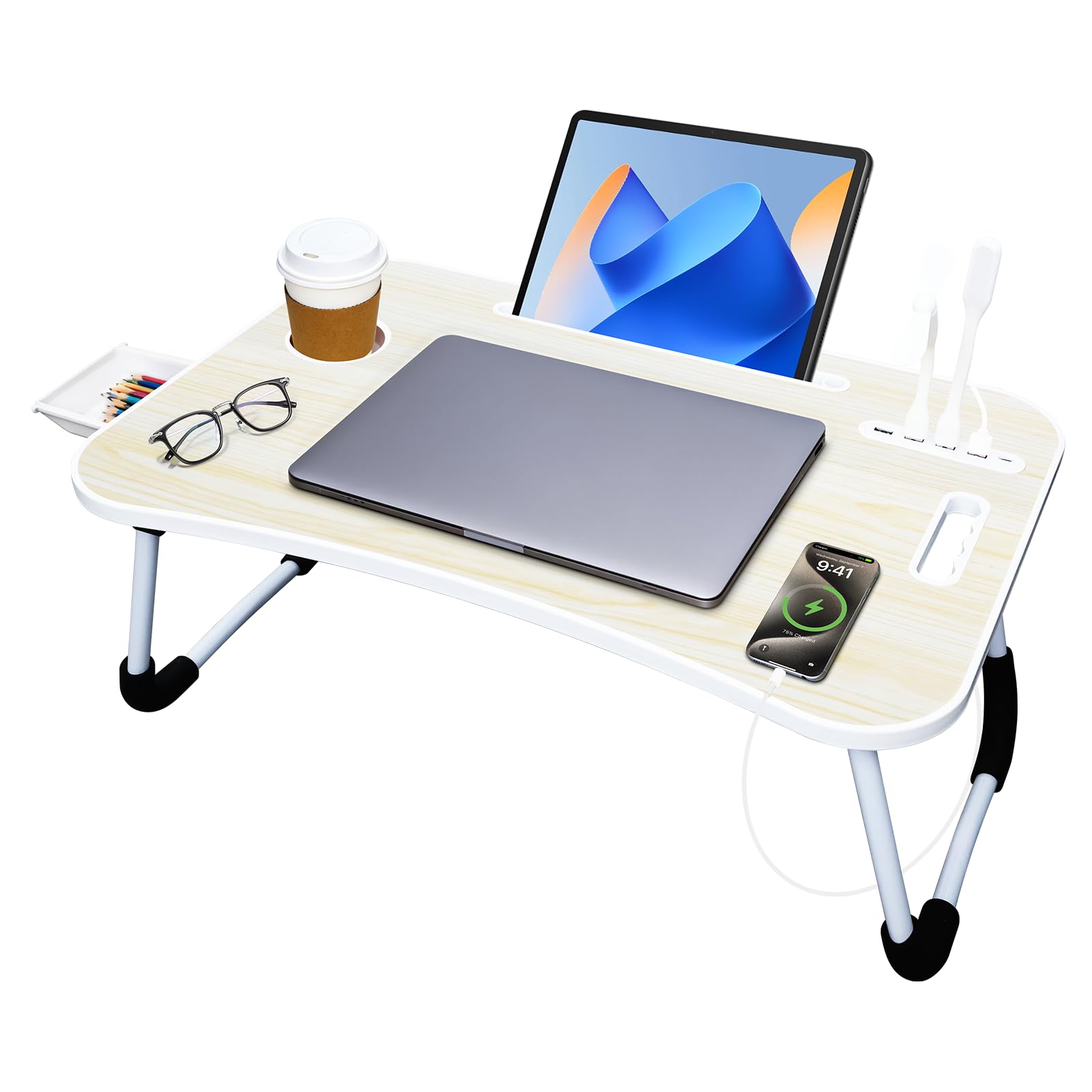 Mean Yeah 23.6 in Laptop Lap Desk, Foldable Laptop Table Tray with 4 USB Ports, 1 USB Charging Cable, Storage Drawer, Cup Holder, Bed Desk Stand Lap