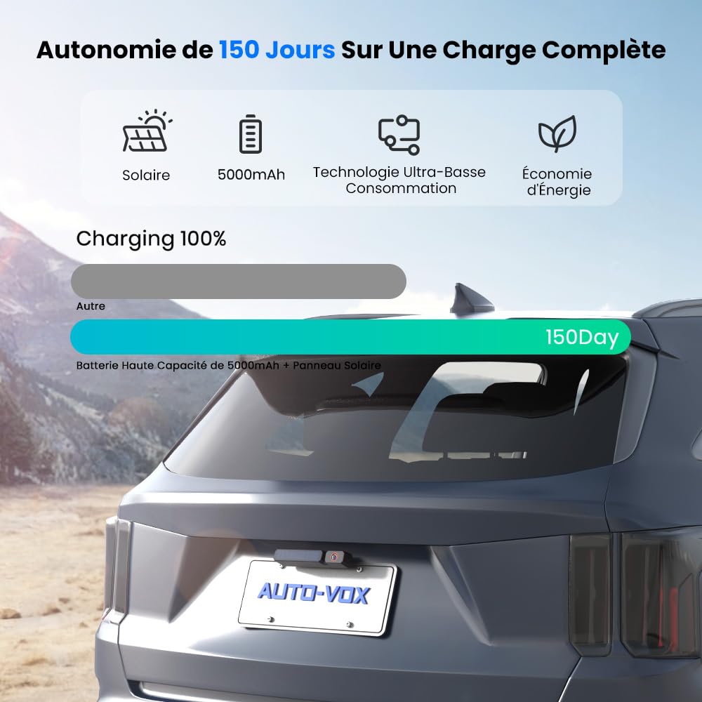 AUTO-VOX Camera de Recul sans Fil Solar avec Moniteur 5" 1080P: Batterie 5000mAh, Installation DIY 2 Mins, IP69K Imperméable, pour Fourgon/SUV/Camion/Remorque