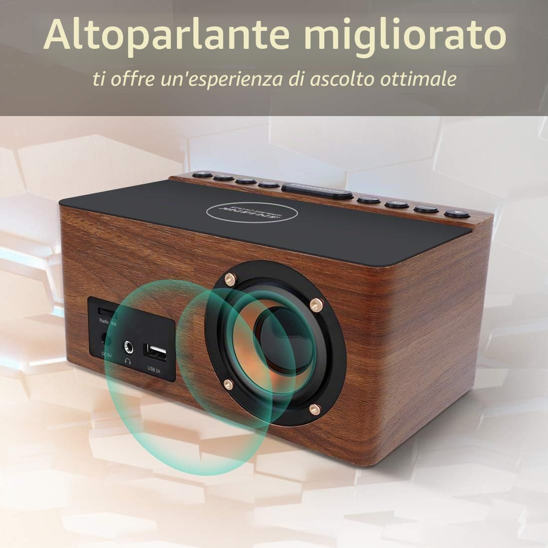 ANJANK Radiosveglia Digitale con Radio FM, Stazione di Ricarica Wireless Veloce 10W per iPhone/Samsung Galaxy, Display LED, Dimmer 5 Livelli, USB