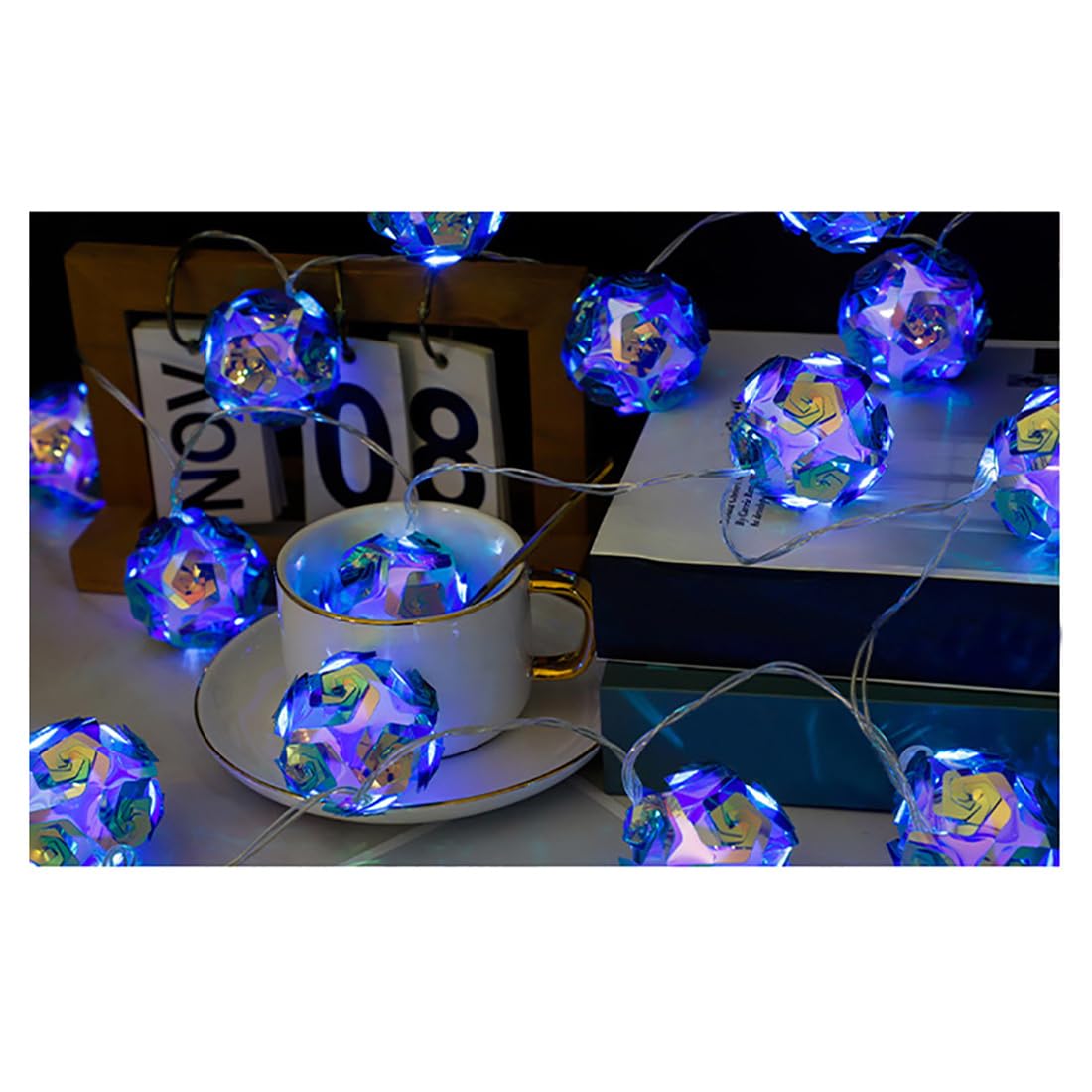 CAKERS Guirlande Lumineuse LED En Forme De Globe De Roses|Décor Créative Guirlande Lumineuse Féerique En Fil D'argent|Lumière Ambiante Pour Fête,Bleu Foncé,10 M (32,8 Pieds) -80LED-USB