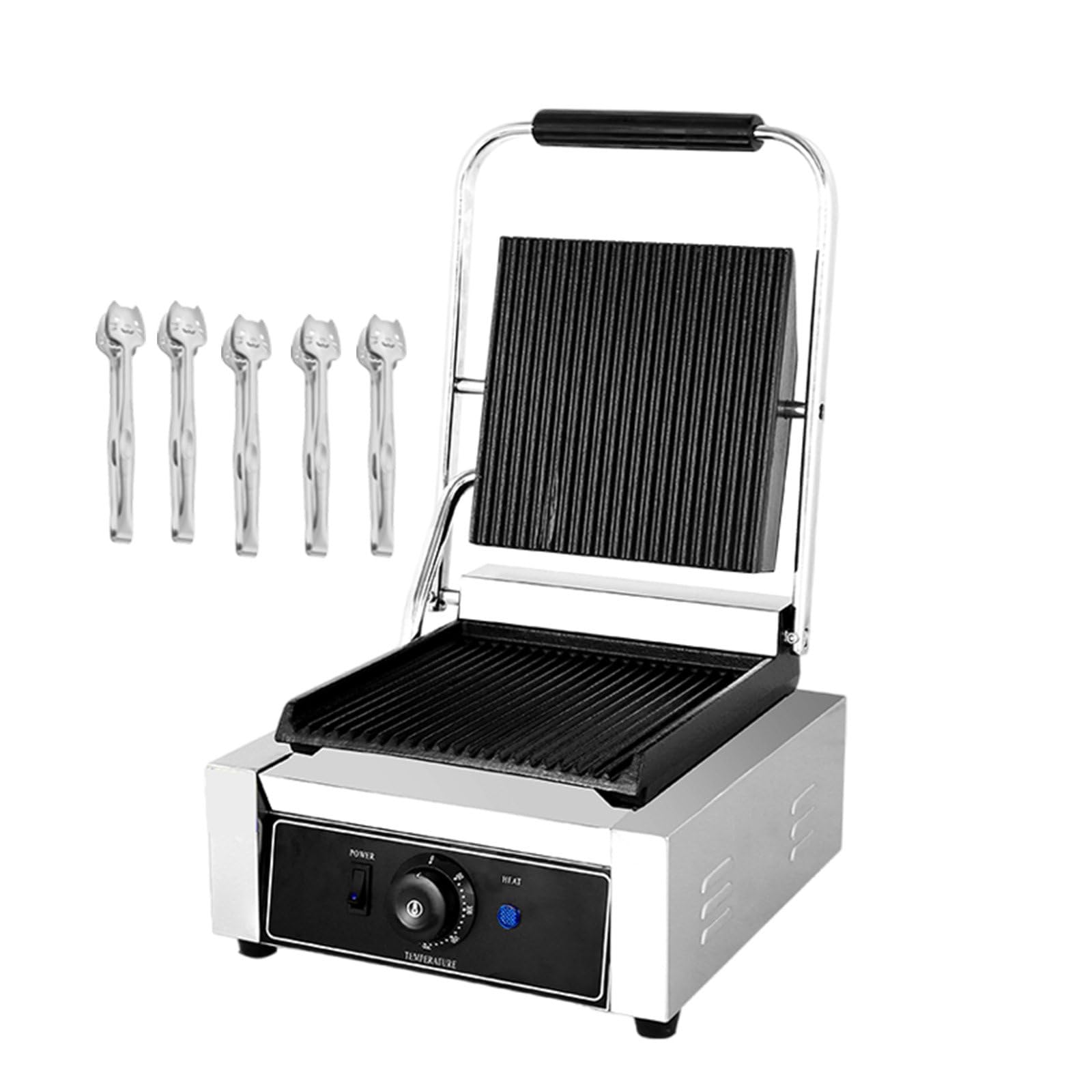 Elektryczny Toster Deep Fill Toastie Maker 1800W / 2200W, Komercyjny Grill Typu Sandwich Press Z 5 Szczypcami Do Grilla, Jednogłowicowy Elektryczny Ruszt, Stal Nierdzewna, 50~300℃,1800W