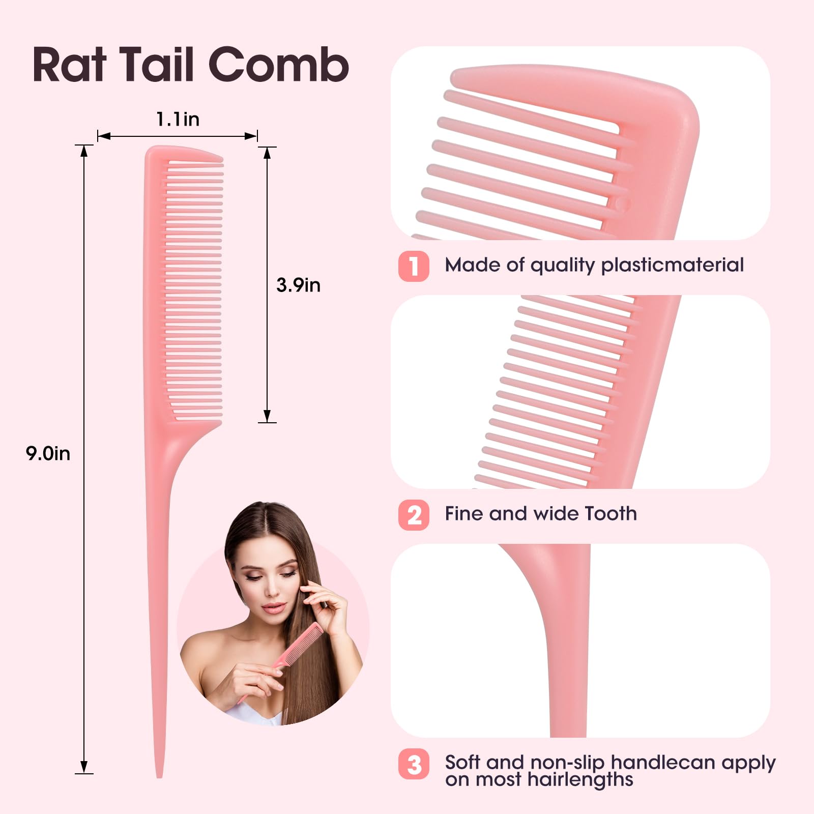 Set di 3 pettini a coda di topo, pettini a denti fini per donne e ragazze, strumenti per la separazione e lo styling dei capelli (rosa, viola, blu)