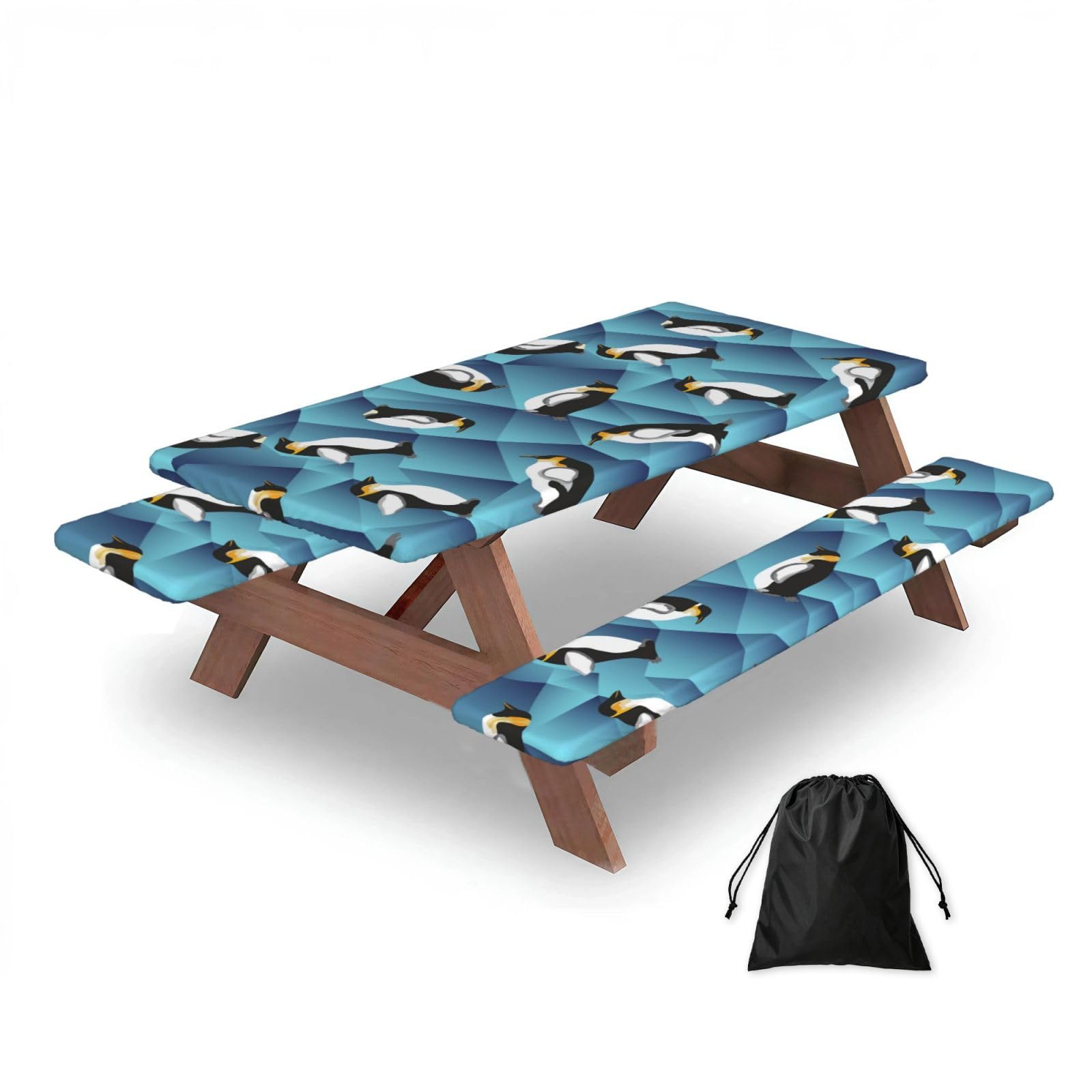 Abstract Polygon Penguin, Picnic Table Cover With Bench Covers -Waterproof Elastic Fitted Tablecloth for Garden Camping Patio 76x152cm