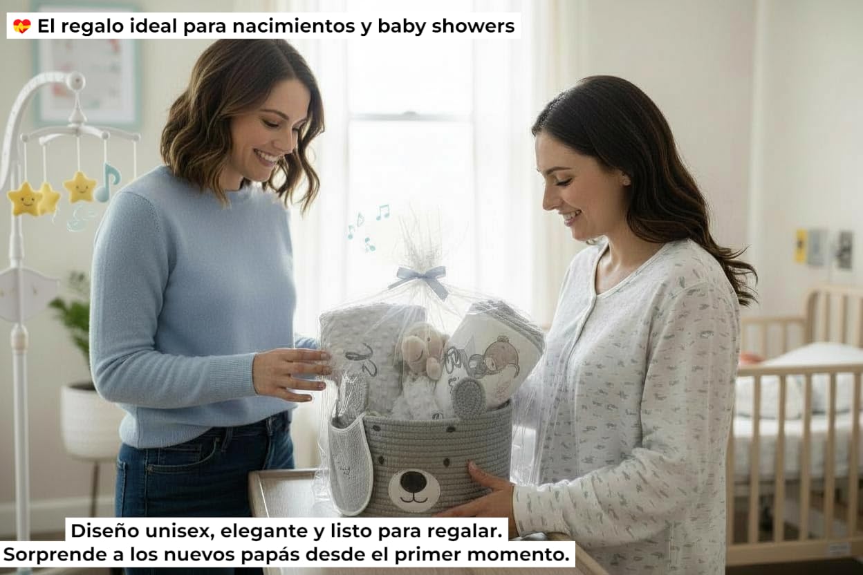 Danielstore Canastilla Bebé Personalizada | Set Regalo para Recién Nacido, 50% algodón 50% poliéster | Incluye manta, dou dou, toalla baño, babero Cat gris