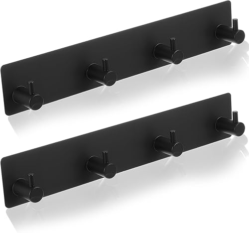 2 ganchos autoadhesivos de acero inoxidable 304, ganchos negros para toallas montados en la pared, diseño de 4 ganchos, 10.1 x 1.8 x 1 pulgadas a