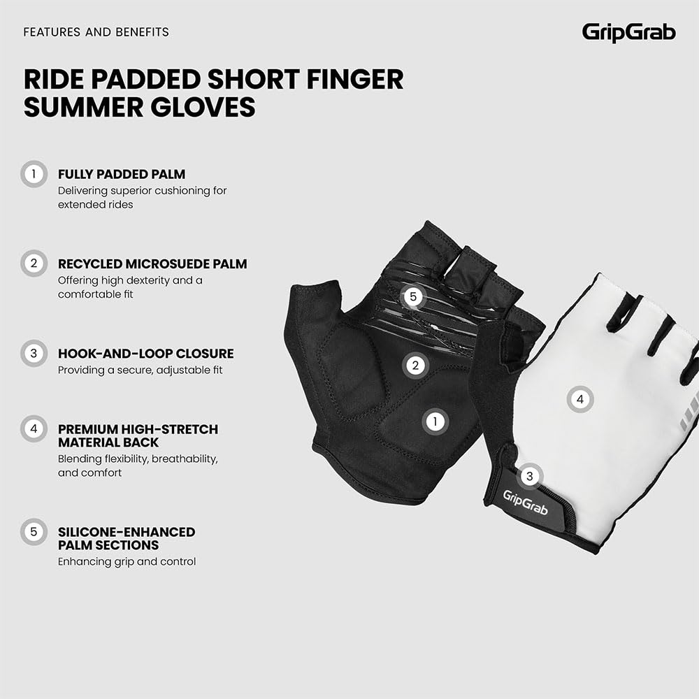 GripGrab Guantes de Ciclismo Ride de Verano - Gravel & Road Bike Guantes | Guantes de dedo corto con acolchado contra el entumecimiento, cierre de , palma de microfibra y pulgar de rizo