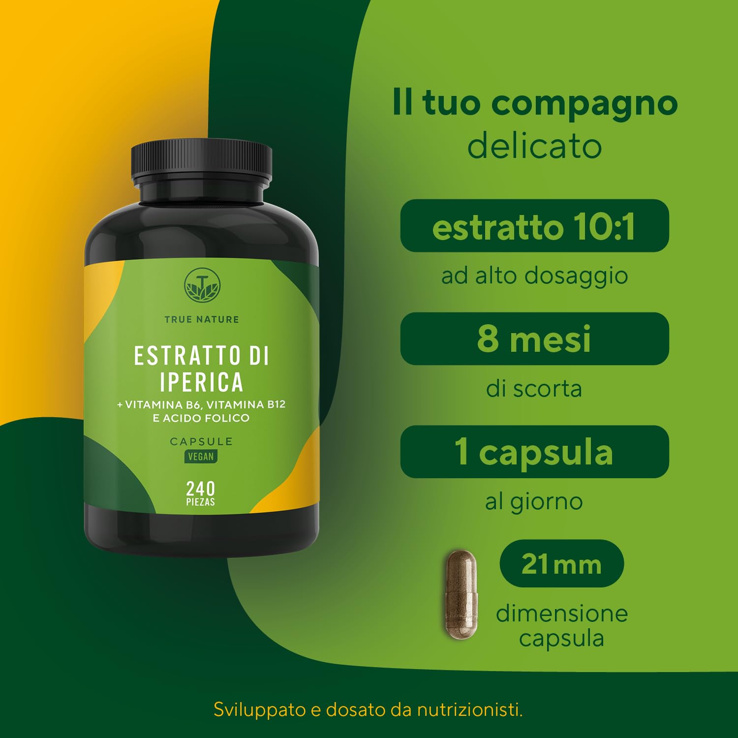 Capsule di iperico ad alto dosaggio - 240 capsule con le vitamine B6, B12 e acido folico - 5000 mg di iperico per capsula (estratto 10:1) - ipericina & iperforina - Prodotto in Germania - TRUE NATURE