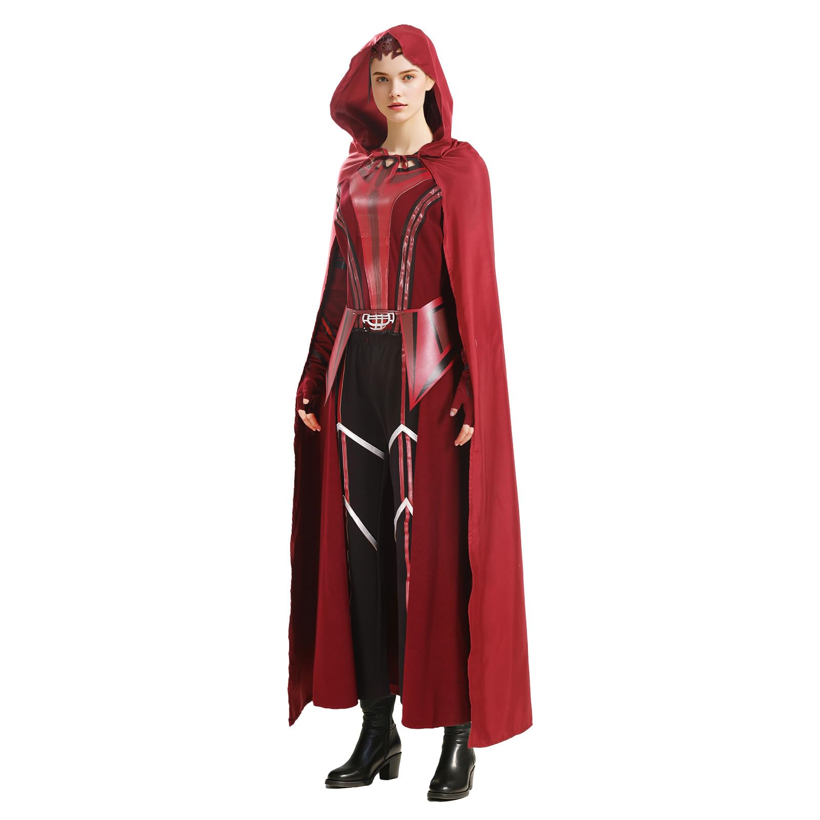 Costume da donna Scarlet Witch Wanda Maximoff con cappotto, giacca, pantaloni, tuta, copricapo, Halloween, cosplay, carnevale