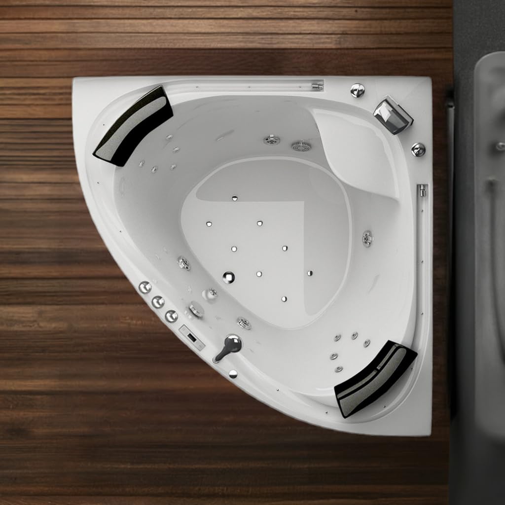 Jet-Line® Whirlpool | Villa Sabrina Weiss 1.6 x 1.6 m XXL | Neu mit Bachlauf und Wasserfall | Vollaustattung Eckbadewanne | Pool Eck Badewanne | Whirlwanne | Ozon Heizung LED