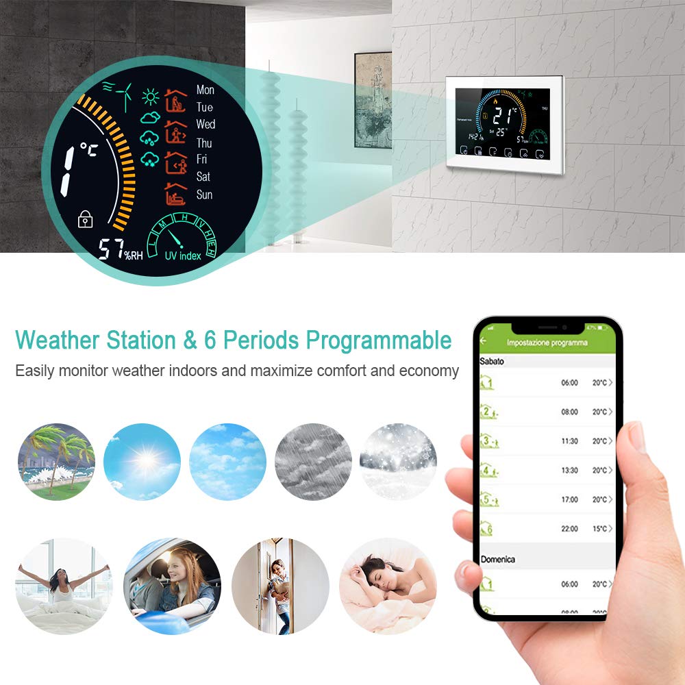 WiFi Raumthermostat für Gaskessel Thermostat mit 4,8 Zoll LCD-Bildschirm 5+1+1 Programmierbar Wandthermostat Kompatibel mit Alexa Google Home