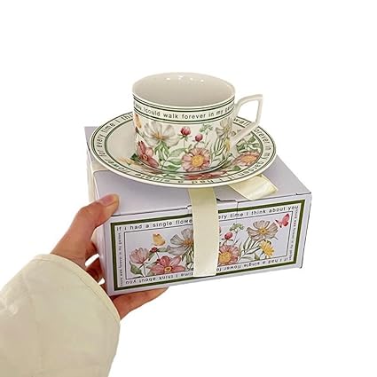 Porcelain Tea Cup and Saucer Elegant Floral Tea Cup and Saucer Coffee Cups, Cappuccino Espresso Latte Cup Mugs for Party Birthday Wedding Gifts (White&Green3)