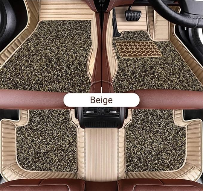 Image of 9D Premium Leatherette Car Foot Mat for Volkswagen Taigun || Luxury Leather with Grass Mat Complete Set || 100% Waterproof and Washable || Custom Fitted Car Floor Tray Mat - (Beige)
