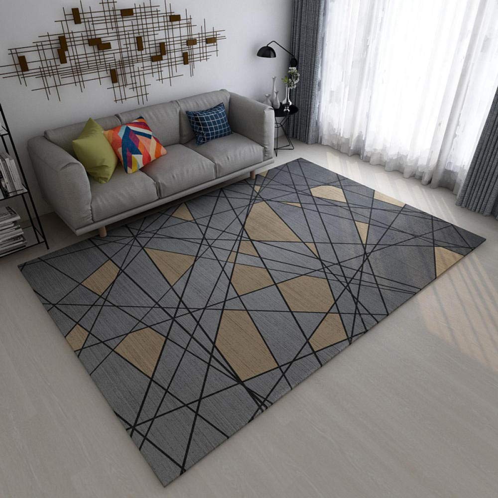 Grand tapis de salon géométrique noir jaune gris 160x280cm au toucher doux