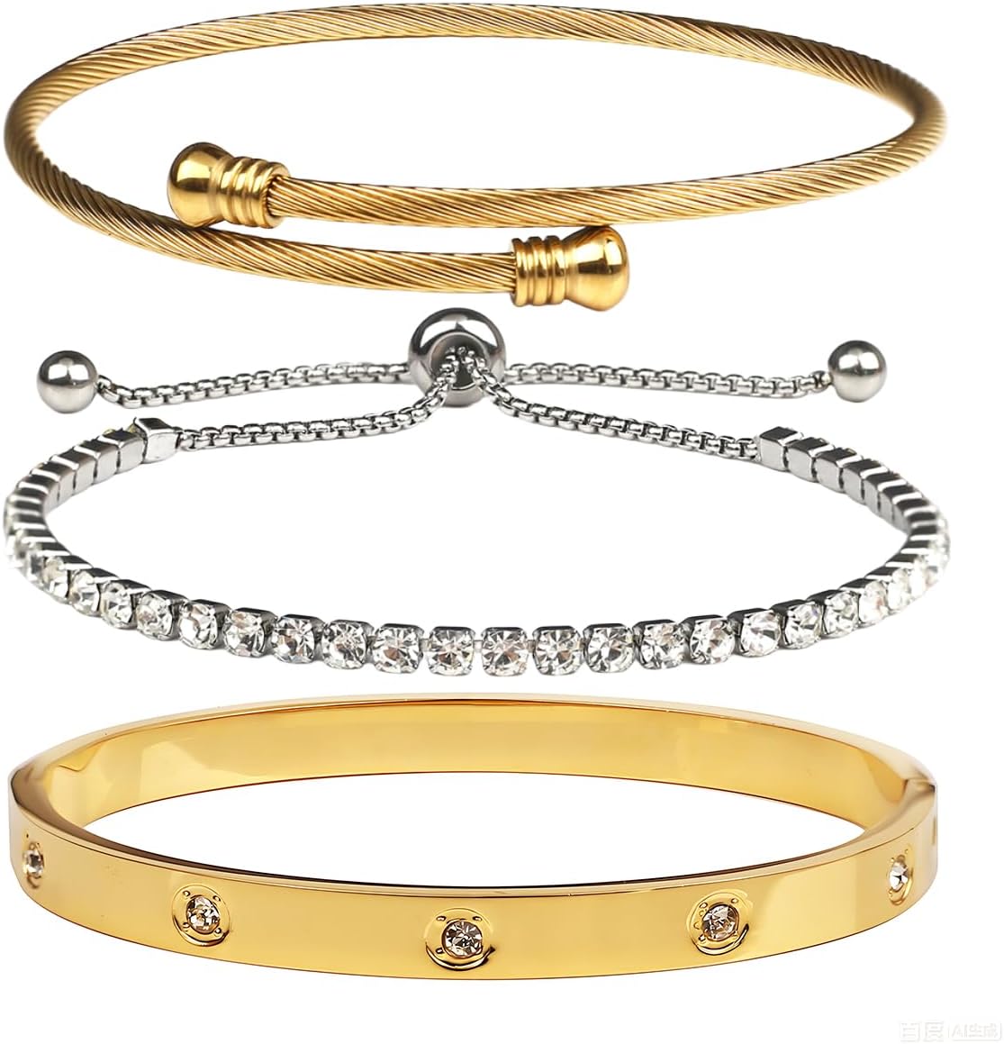 Stackable Bracelet Nail Love Bangle Bracelets Set for Women 18K Gold Plated Bangles Cubic Zirconia Classic Stainless Steel Jewelry Gift for Her