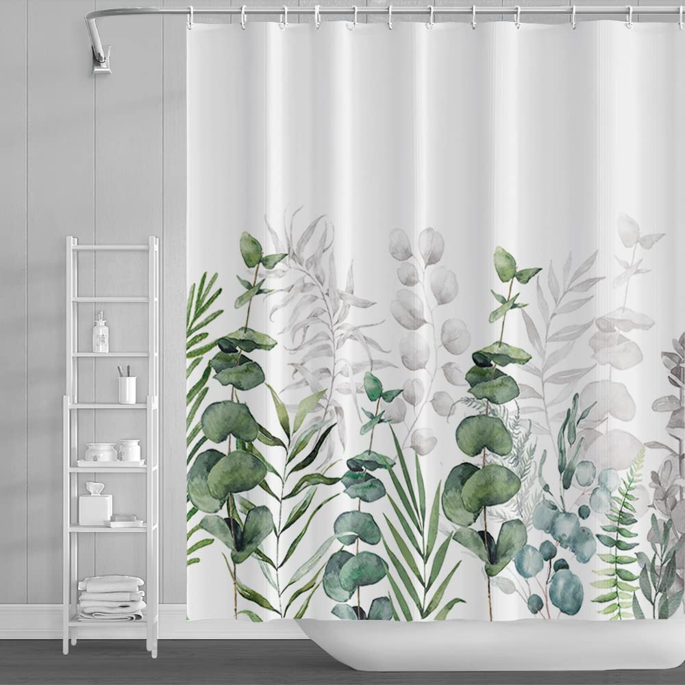 18meng Art Shower Curtain Green Leaf Mould Proof Weighted Polyester Fabric Bathroom Curtains 200x280cm Waterproof Resistant Wet Room Washable Bathtub Curtain with 12 Hooks