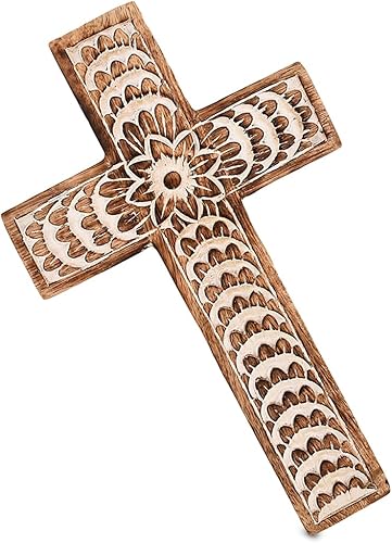 Miniatura 2 de EDHAS Cruz blanca tallada en madera de mango con diseño floral, decoración del hogar (10 x 6 x 0.5 pulgadas)