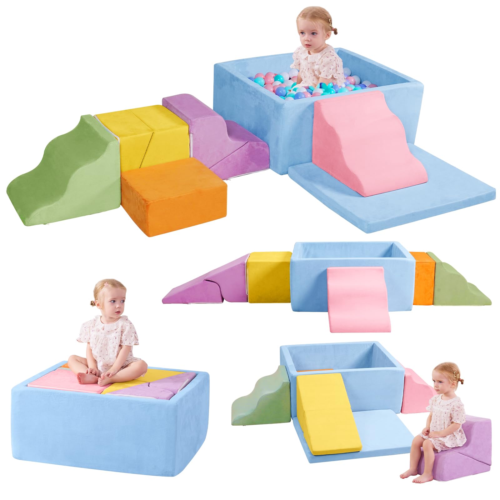 7-Piece Foam Climbing Blocks for Toddlers with Square Ball Pit,Macaron