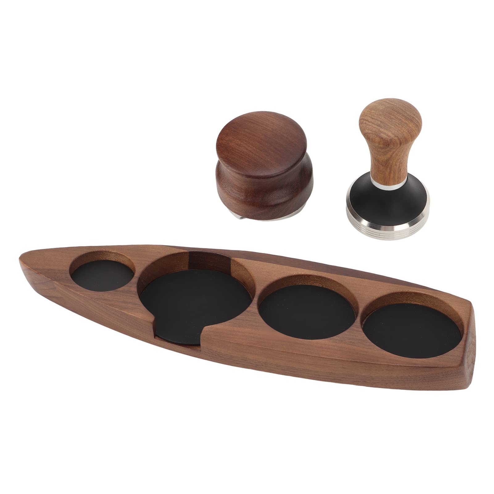3-teiliger Kaffee-Manipulationshalter, Walnussholz-Gummi-Edelstahl-Bootsförmiger Verteilerständer, Premium-Kaffeezubehör mit Tamper und Verteiler für Barista, Kaffeebar, Küche (Für 51/53-mm-Basis,