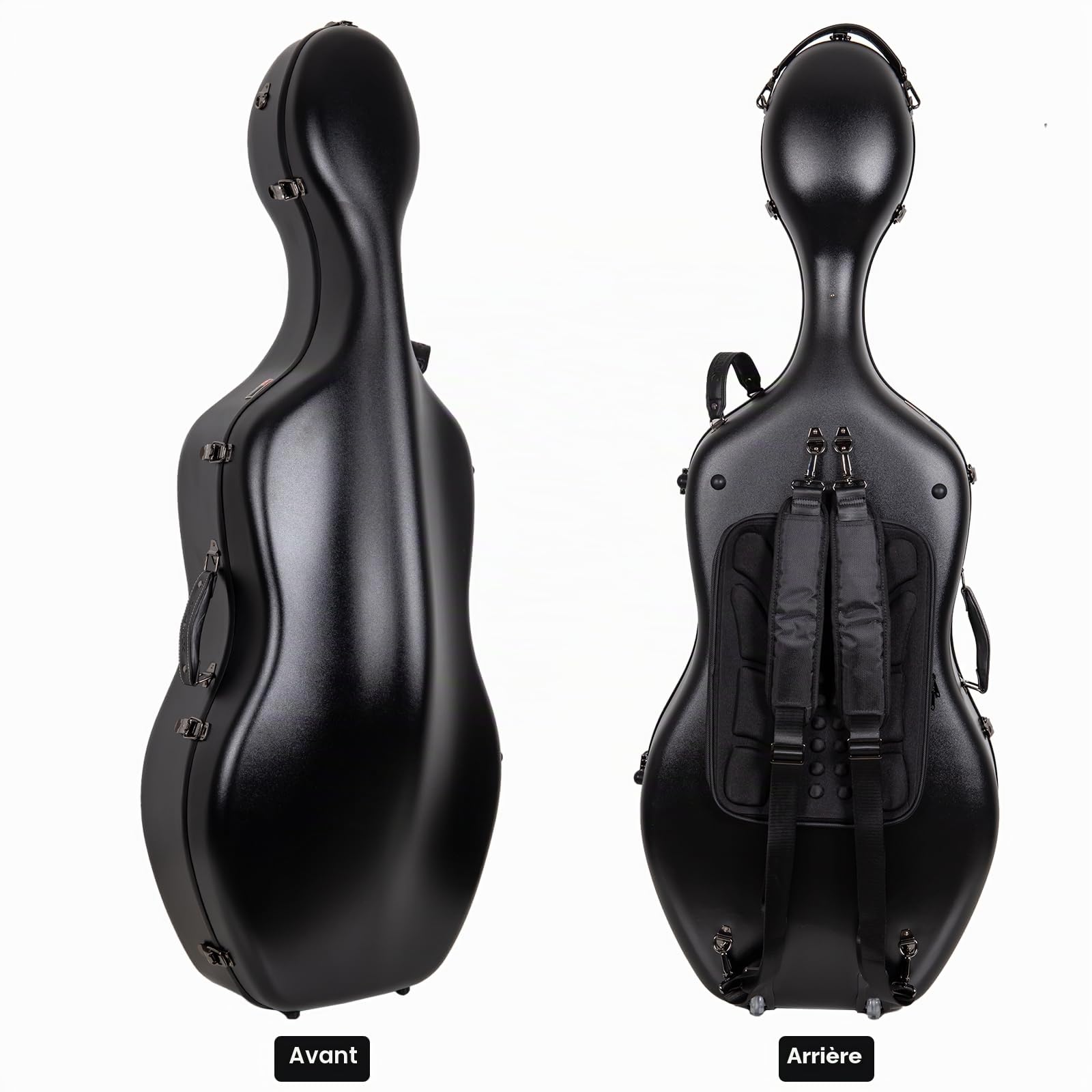 Valise rigide Poly Carbon pour violoncelle 4/4 | Coque noire résistante aux rayures, intérieur velours noir, roulettes, pochette à partitions – Série Protection Légère