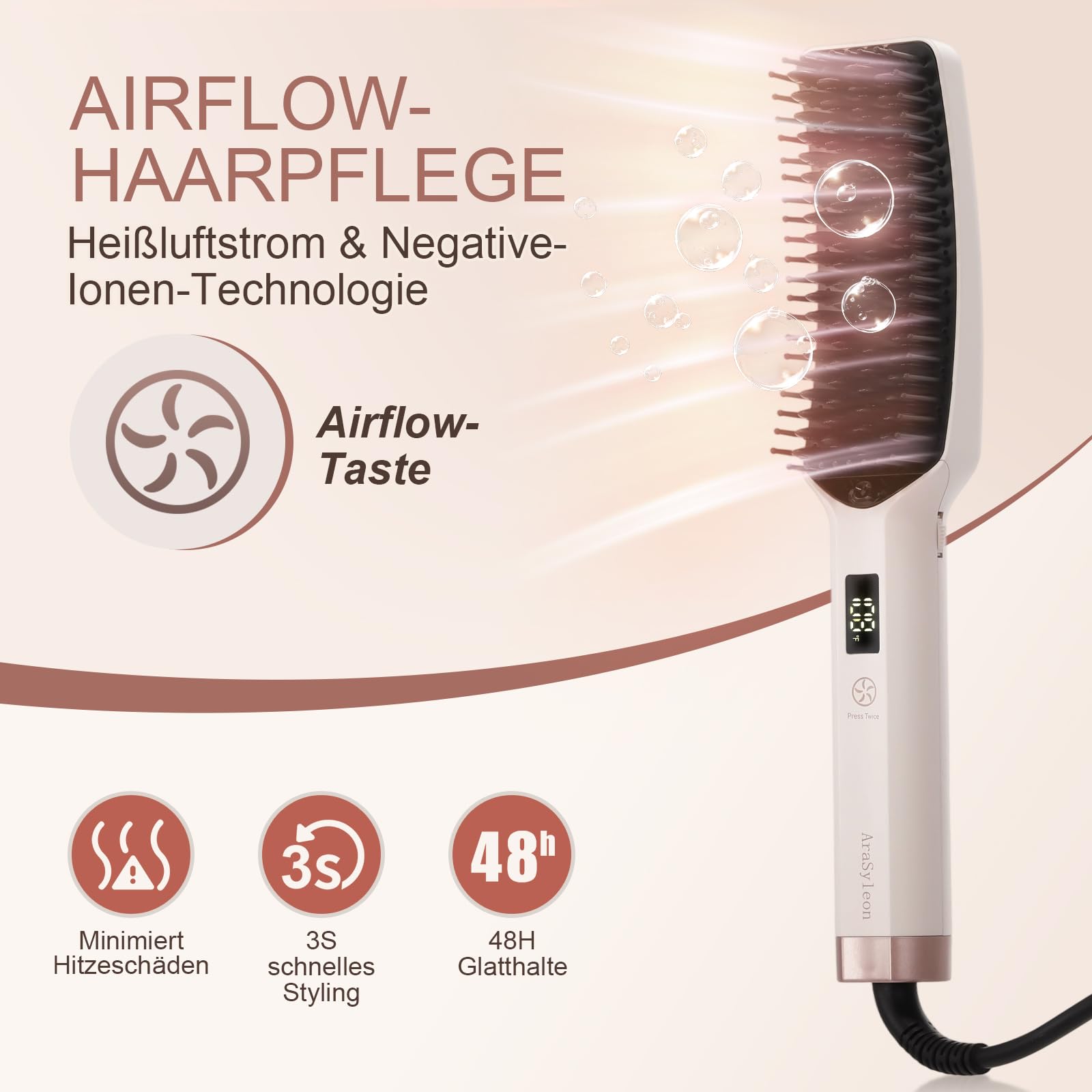 Ionen-Glättbürste langes Haar, 16 Stufen 80–230°C, Dual Voltage | Keramik Ionen Haarglätter Bürste mit dichter Borste & Airflow, 360° Dreh-Kabel, Anti-Verbrühungs