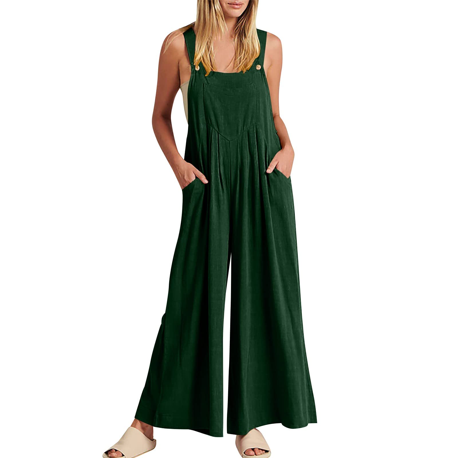 Womens Wide Leg Sleeveless Jumpsuits Solid Dressy Straps Smocked