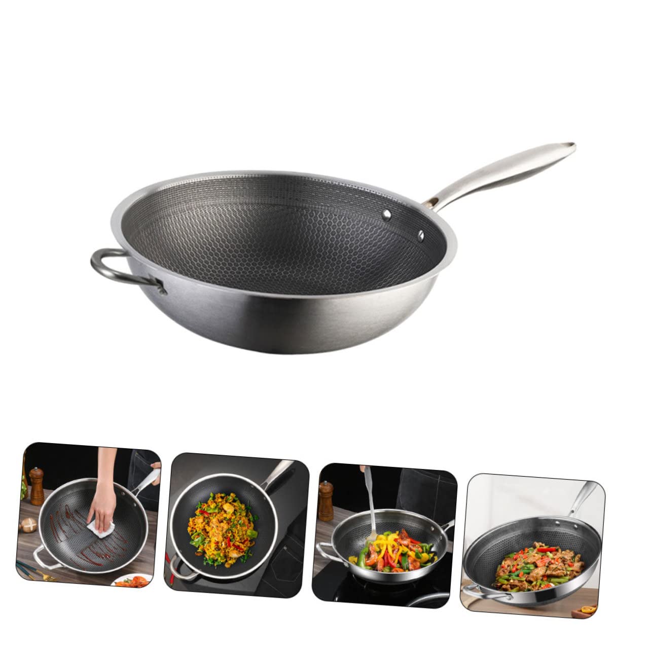 Edelstahl Wokpfanne mit Wabenstruktur und Griffen für Braten | Silber, Leichte Ausführung mit Gleichmäßigem Boden, Schlichtes Design für Steaks und Kartoffeln