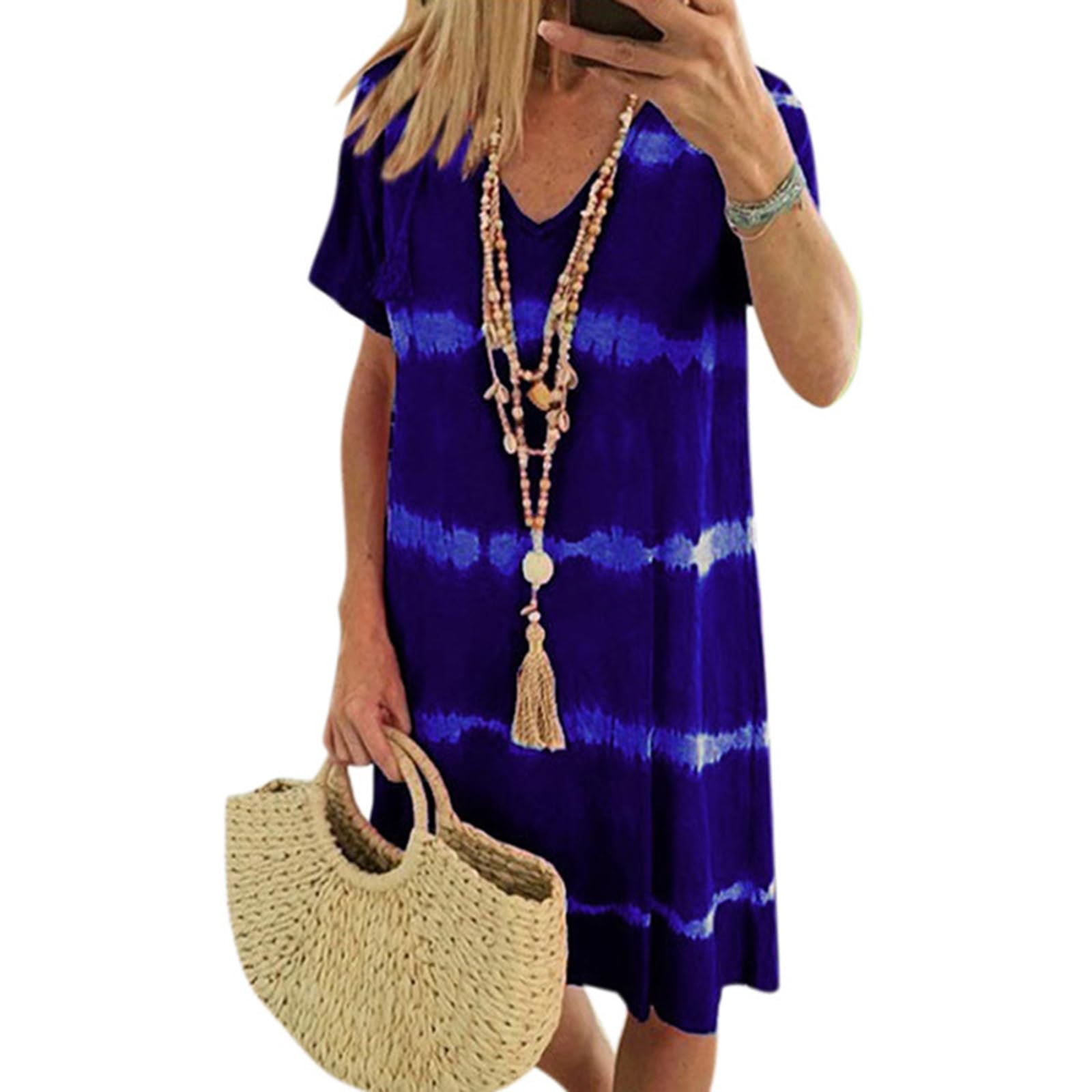 BIUBIULOVE Vestido De Camiseta Suelto De Manga Corta A Rayas Tie-Dye,Vestidos Midi De Manga Corta De Verano para Mujer 2024,Vestidos Midi De Playa con Cuello En V