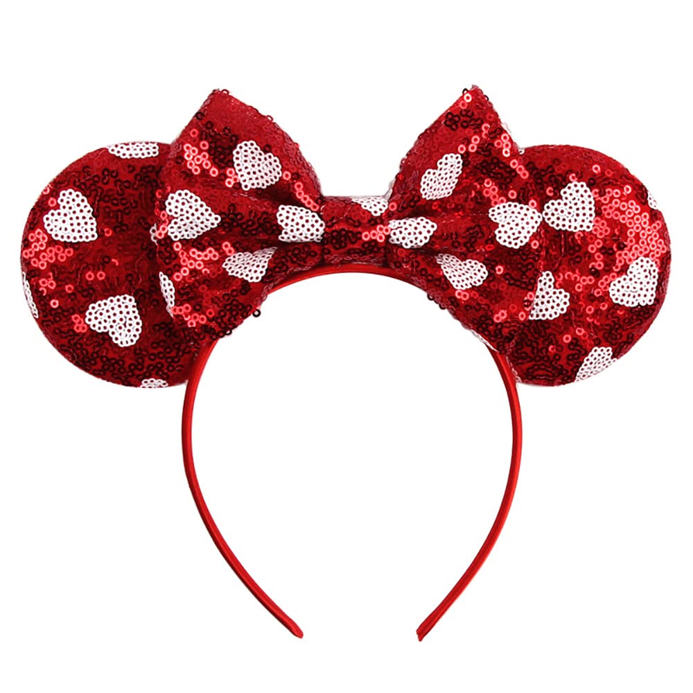 Foeran Mouse Ears Headbands Shiny Bows Mouse Ears Glitter Party Princess Decoration Cosplay Costume for Girls Women (red heart dot)