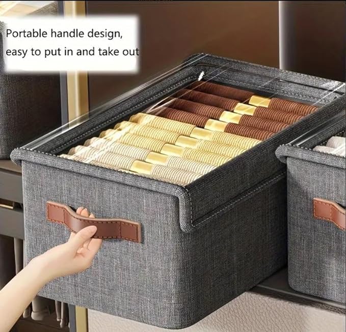 Image of Folding Storage Box with Transparent Lid | Fabric Collapsible Organizer with Steel Frame & Handles | Clothes Storage Bin for Wardrobe, Closet & Home