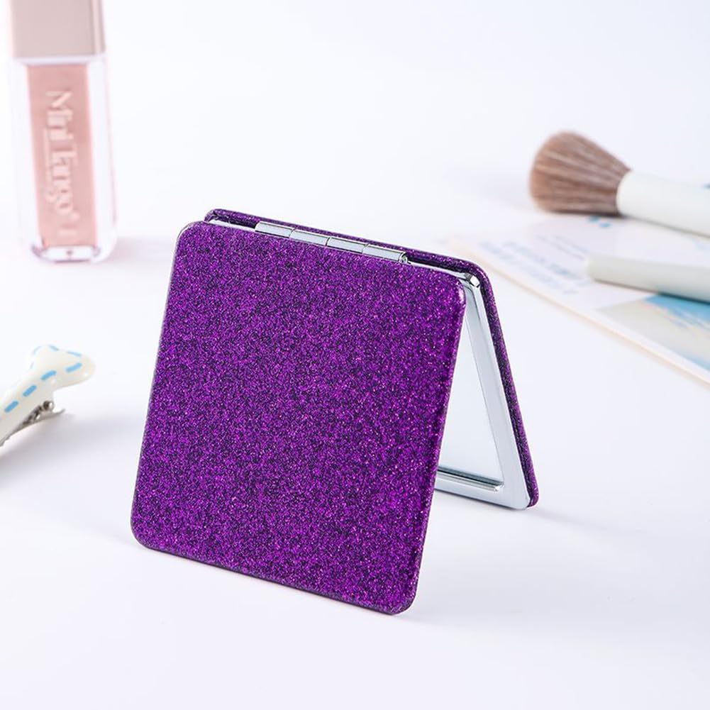 Mpowtech Square Purple Compact Mirror for Women,Small Magnifying Travel Mirror with Glitter,Portable 2 x 1x Magnification Folding Pocket Makeup Mirror Cosmetic Mirror for Gift Travel Essentials