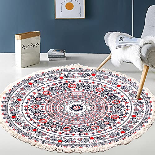 Vintage Boho Cotton Rugs, Mandala Pattern, Washable Hand Woven Bohemian Round Rug with Tassels for Bedroom Hallway