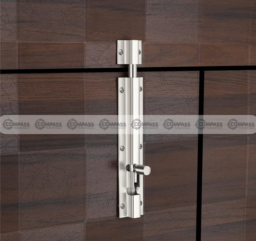 Image of COMPASS Flower Stainless Steel Heavy Single Door Fitting Accessories Full Set /Kit (1 Aldrop, 1 Latch, 2 Handles, 1 Tower Bolt and 1 Door Stopper | 10 inch | SS Finish