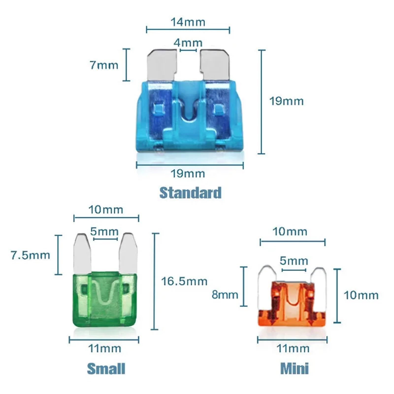 Zestaw mini bezpieczników samochodowych w standardowym rozmiarze, typ ostrza, 2,5, 3, 5, 7,5, 10, 15, 20, 25, 30, 35 A, zestaw bezpieczników do samochodów osobowych i ciężarowych z klipsem do skrzyni
