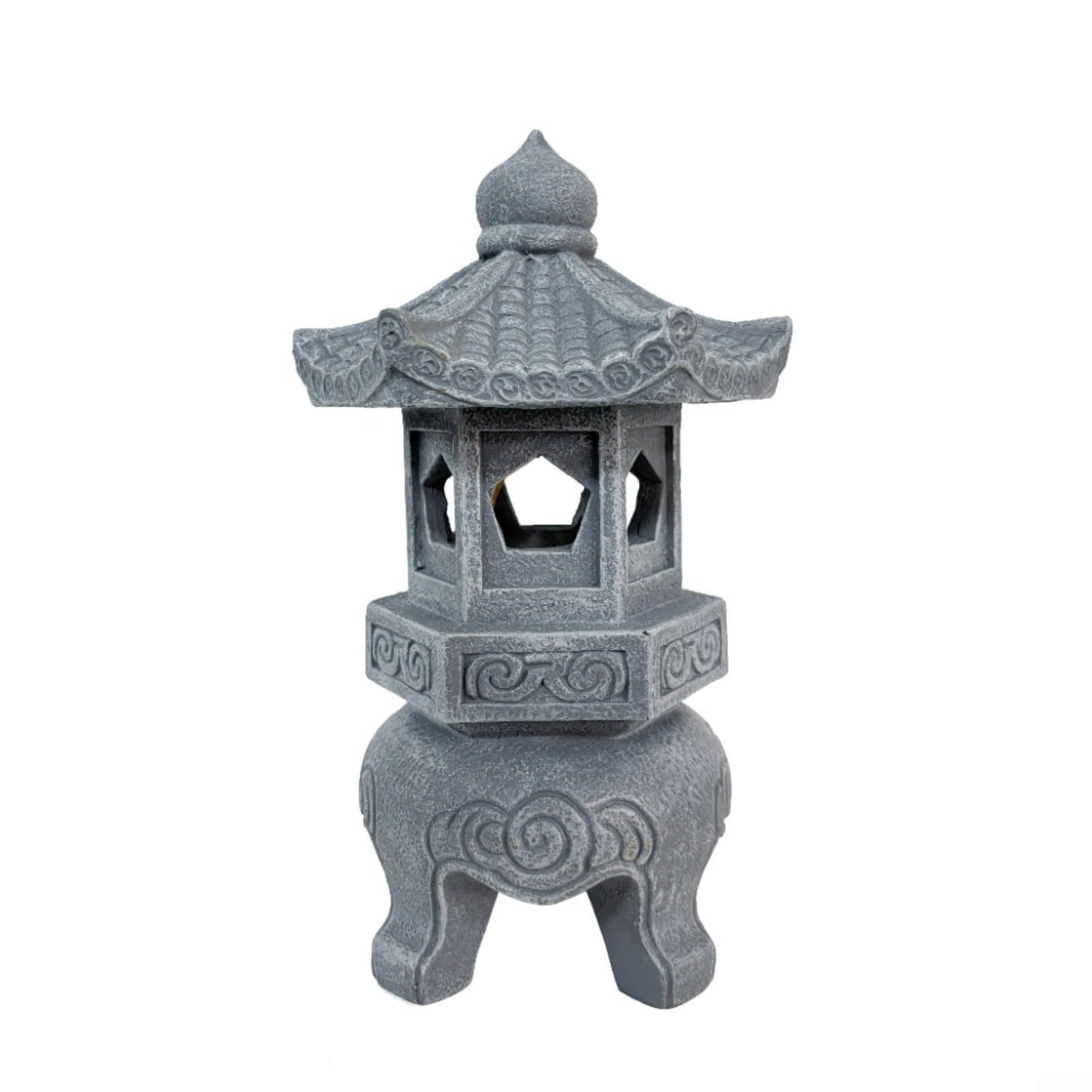 Farol de pagoda alimentado por energía solar, estatua de jardín de resina resistente con luz automática, decoración asiática al aire libre para patio gris (luces de mascota)