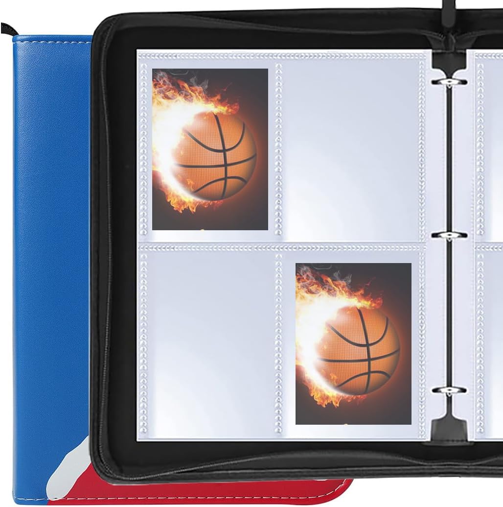 Leatherette 4 Pocket Trading Card Binder Album Holder Pages Folder Protector for NBA Basketball Trading Cards Sports TCG - Top loading 3 Ring Zip Card Binder Album Basketball Cards