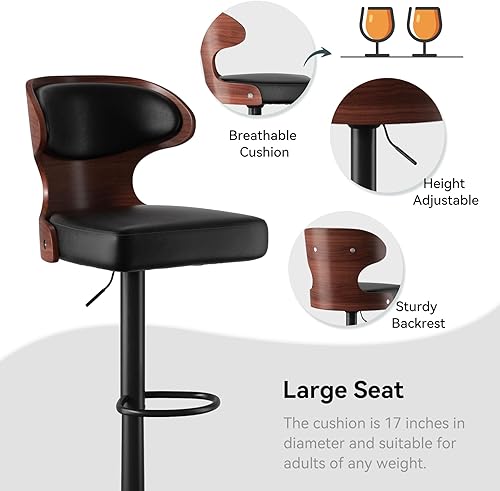 Miniatura 5 de Juego de 4 taburetes de bar con altura ajustable de 24.5 a 33.5 pulgadas, taburetes de bar giratorios de madera curvada con respaldo y reposapiés,