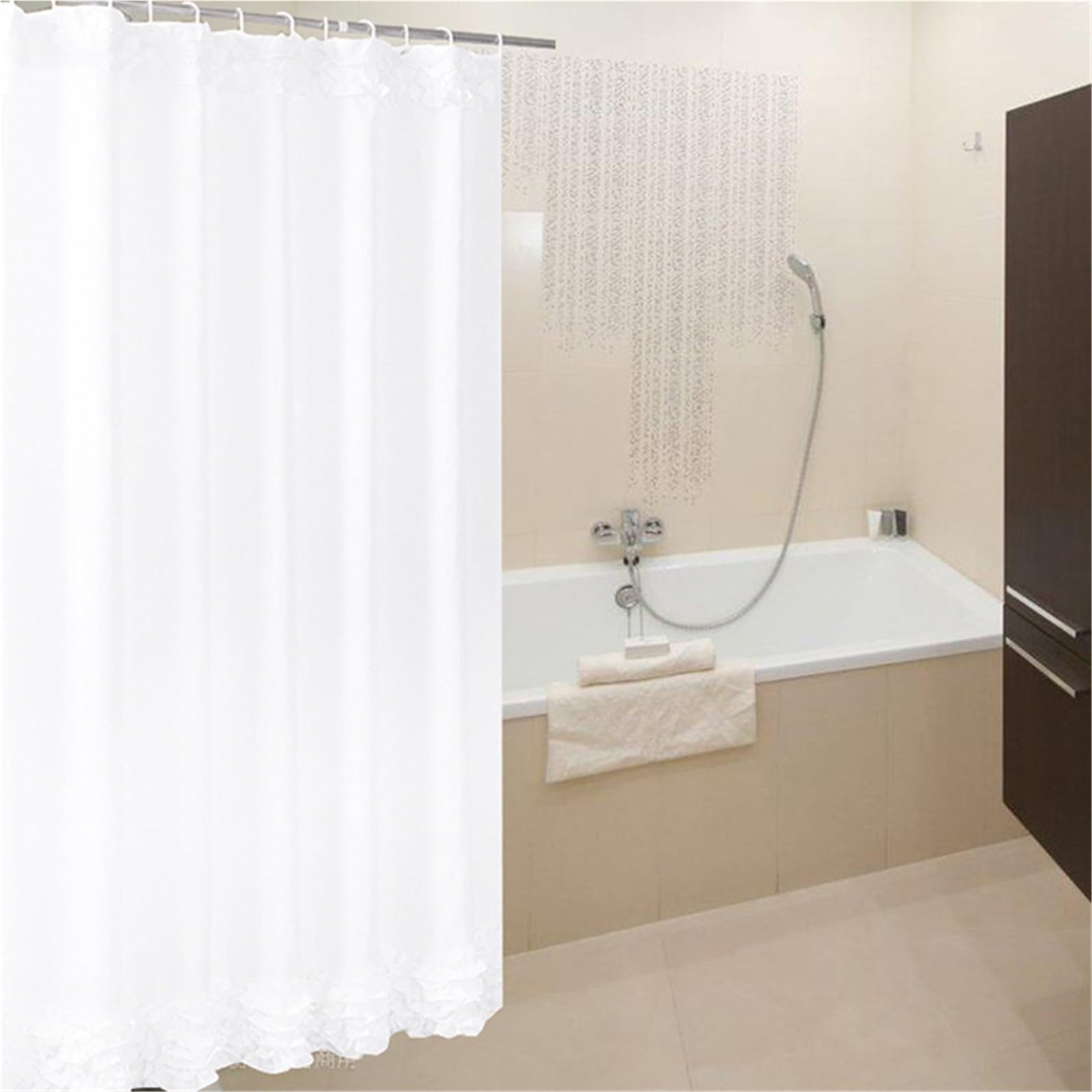 Rideau de Douche Rideau de Douche en Dentelle Blanche, Tissu Polyester, Conception à Volants imperméable avec Crochets, Fournitures Salle Bain
