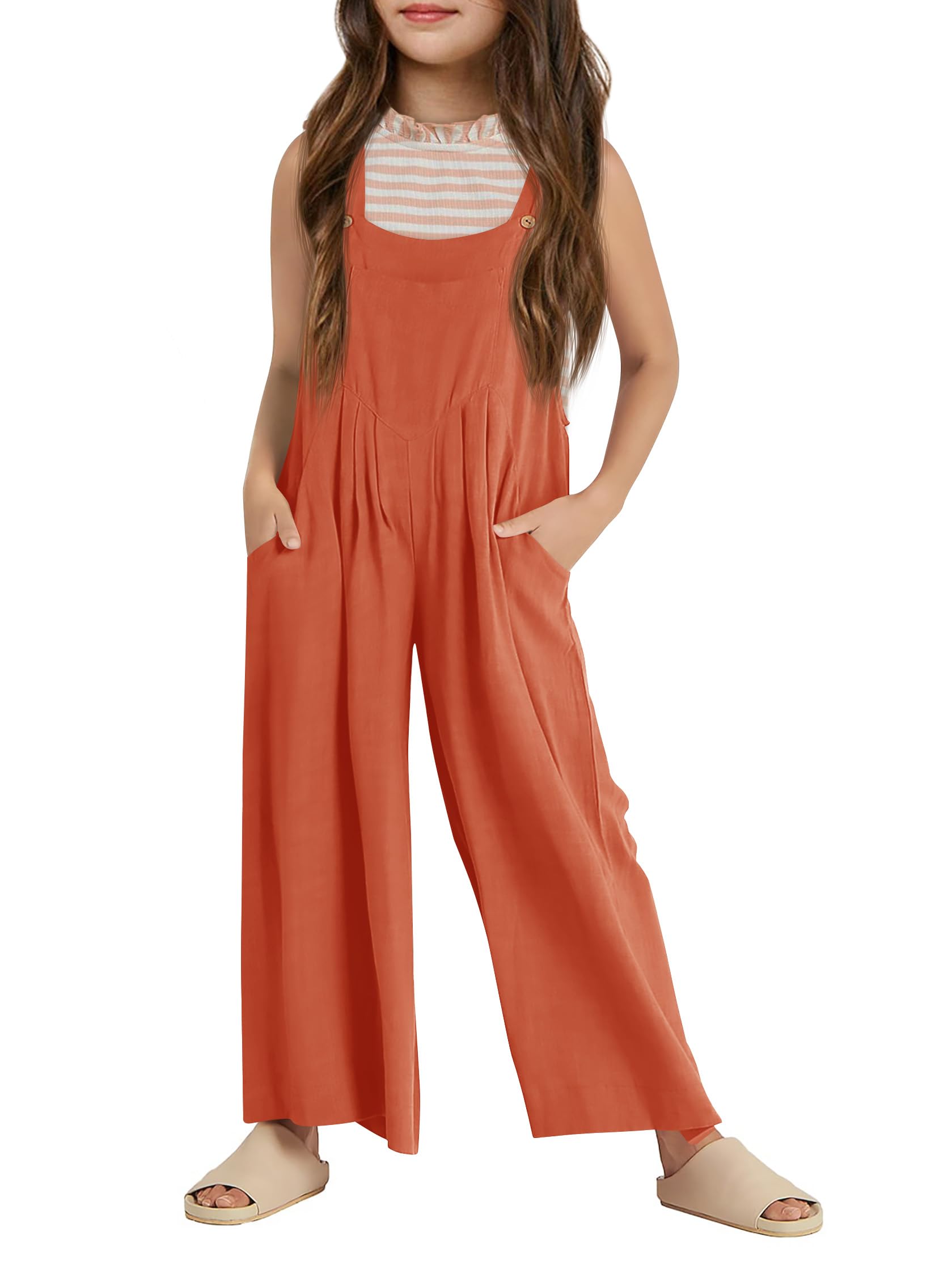 Haloumoning Girls Overalls Kids Casual Sleeveless Wide Leg Jumpsuit Loose Rompers with Pockets 5-14 Years
