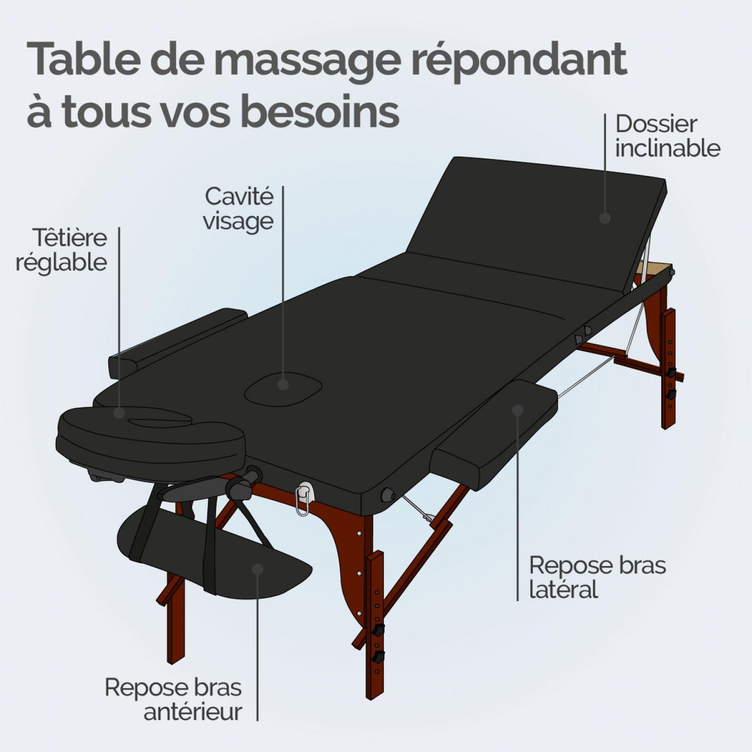 Vivezen - Table de Massage Pliante 3 Zones en Bois foncé avec Panneau Reiki + Accessoires et Housse de Transport - Noir