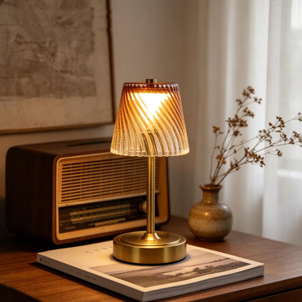 AoLa LED Vintage Tischlampe Kabellos Dimmbar mit Touch Control Akku Tischleuchte Gold USB Aufladbar Nachttischlampe Ohne Kabel Batterie Lampe mit Glas Lampenschirm Deko Lampe für Esszimmer Bartheke,G