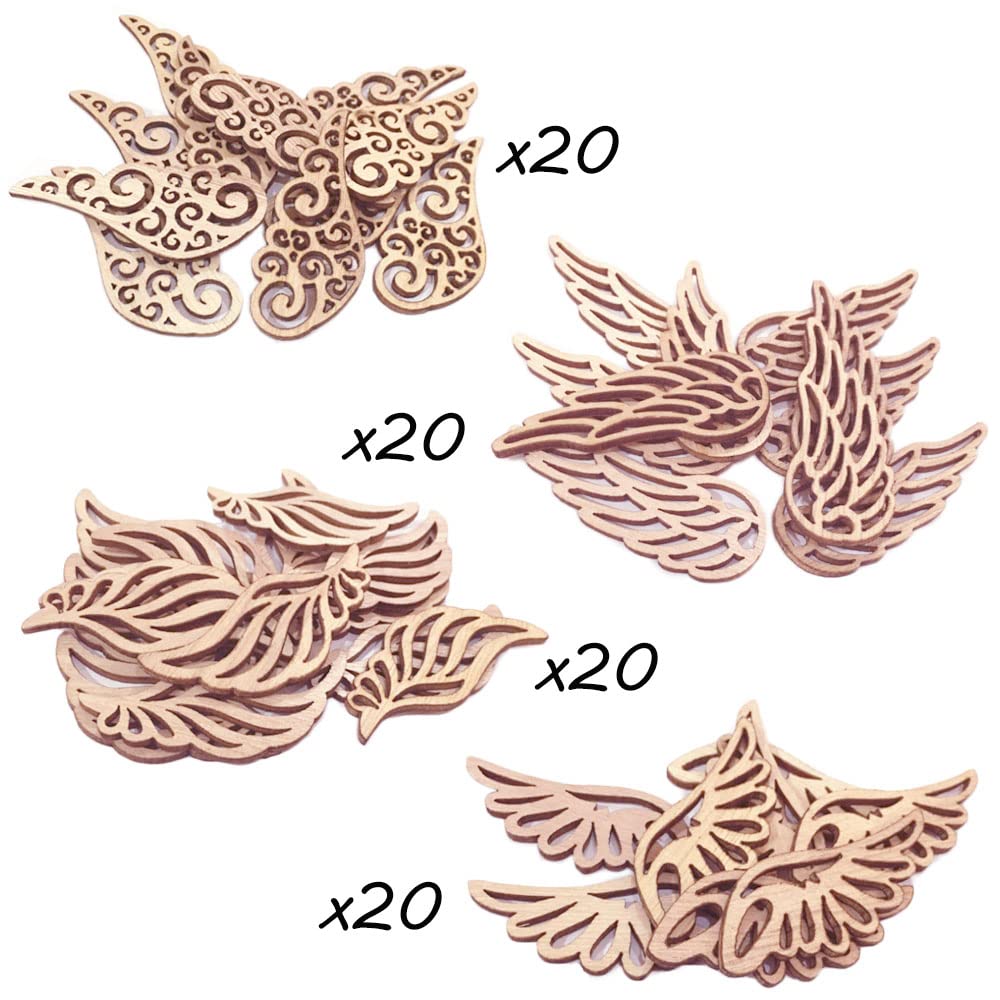 80 Pezzi Ali In Legno Per Decorazioni - Non Finite Per Fai Da Te, 4 Stili