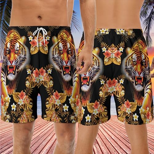 Tiger Men's Swim Trunks - Tropical Tiger Hawaiian Shorts for Men, Men's Summer Bathing Shorts Set 023