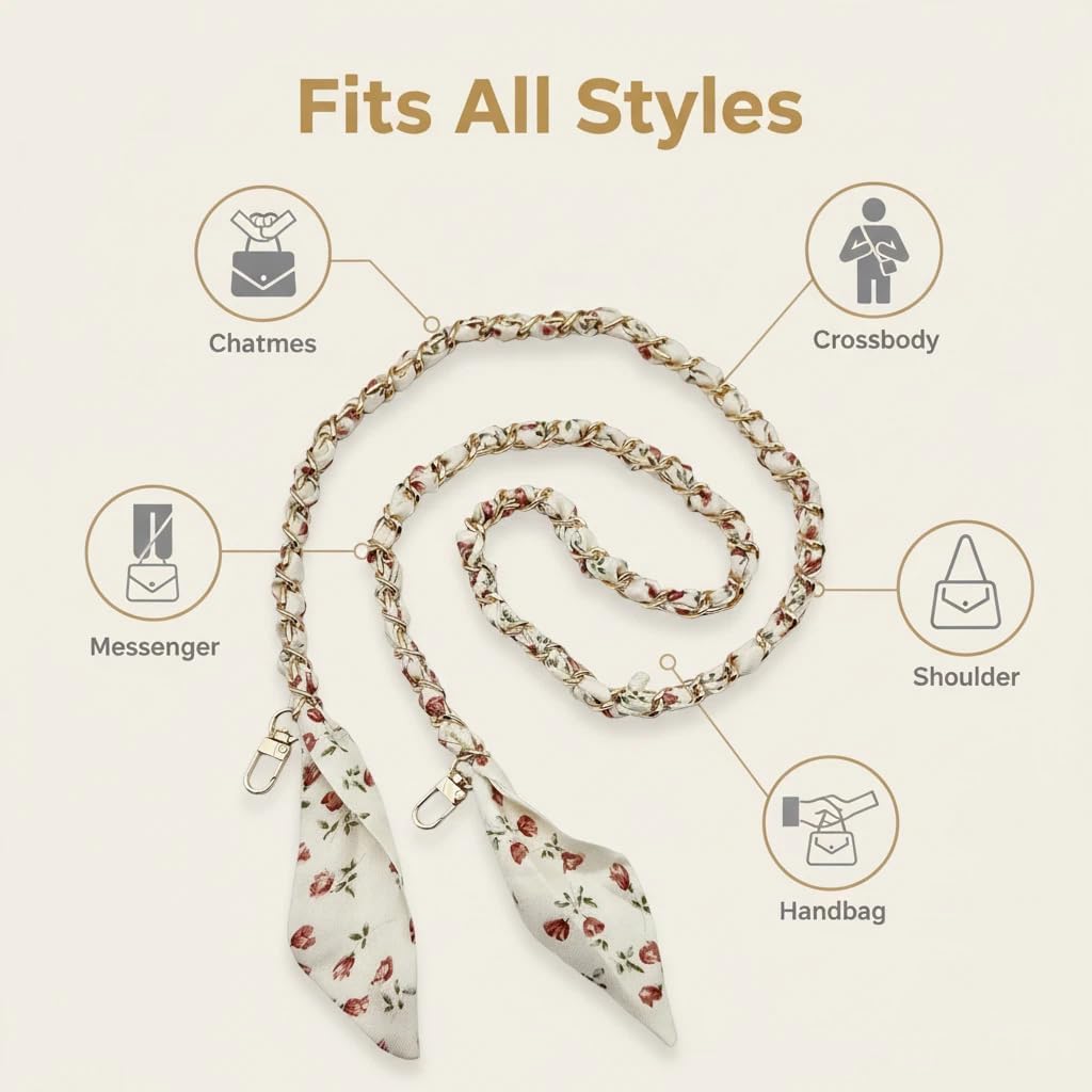 Golden Decorative Bag Chain Woven with Silk Scarf,Crossbody Bag Shoulder Handbags,Thin/Thick Purse Chain Straps Replacement Strap for Bags (47in,Apricot Floral) image 4