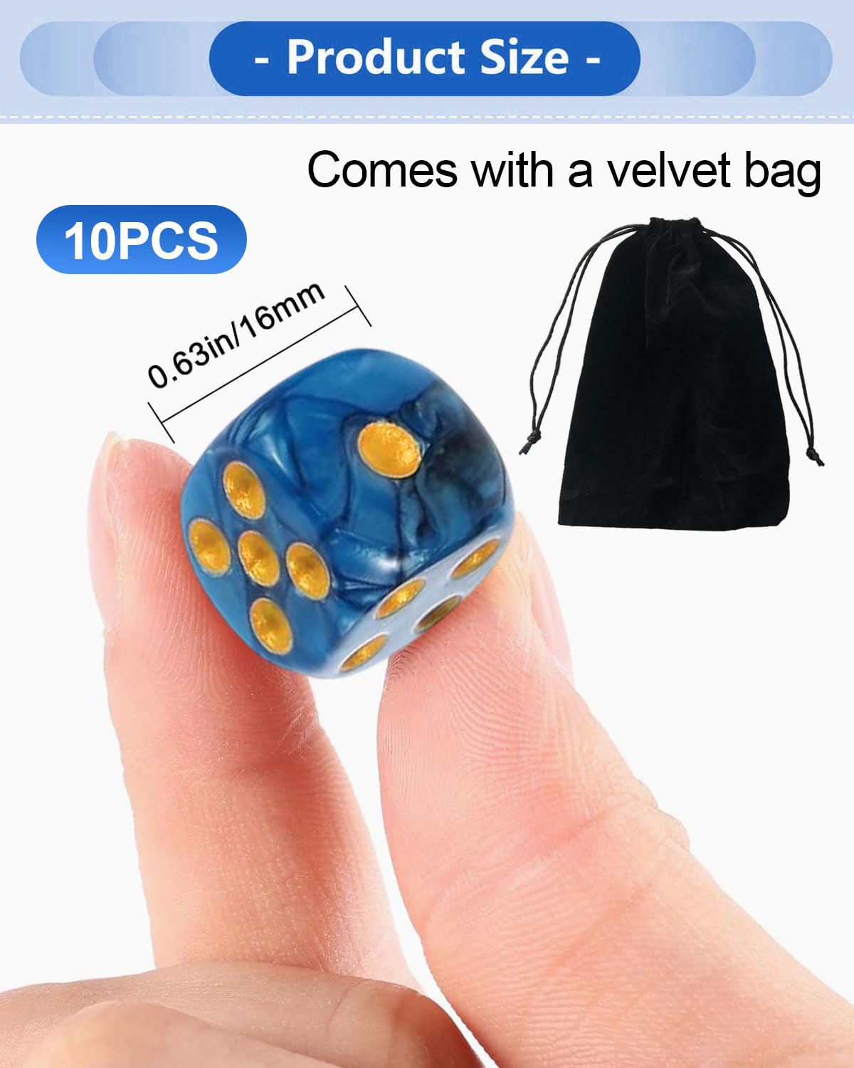 10 PCS Dadi,16mm D6 Dado Acrilici,Dadi Blu-Nero con Borsa di Stoffa,per Giochi da Tavolo,Ruolo,Tavolo,Lezioni di Matematica