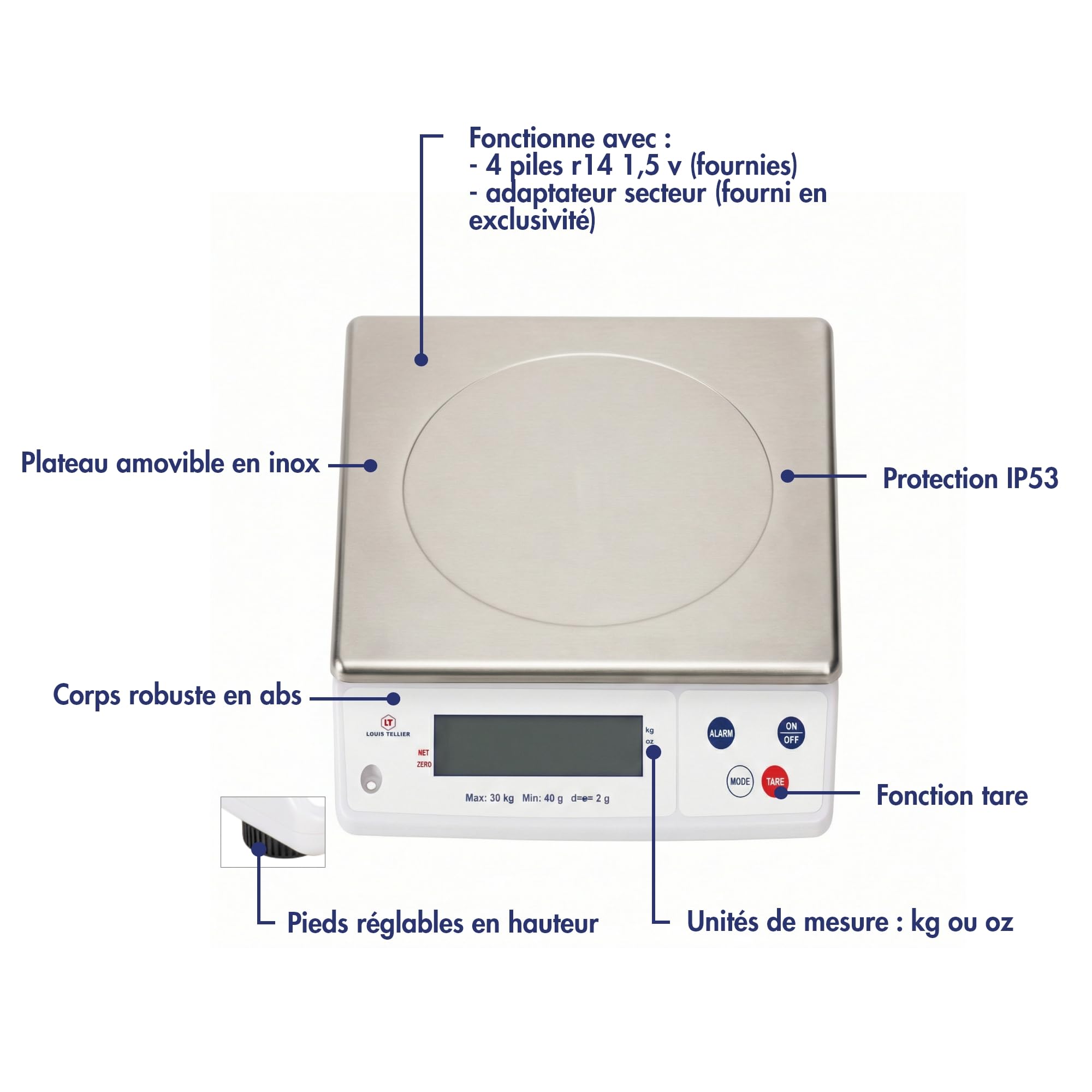 Louis Tellier - Balance électronique cuisine 30kg/2g IP53 + adaptateur