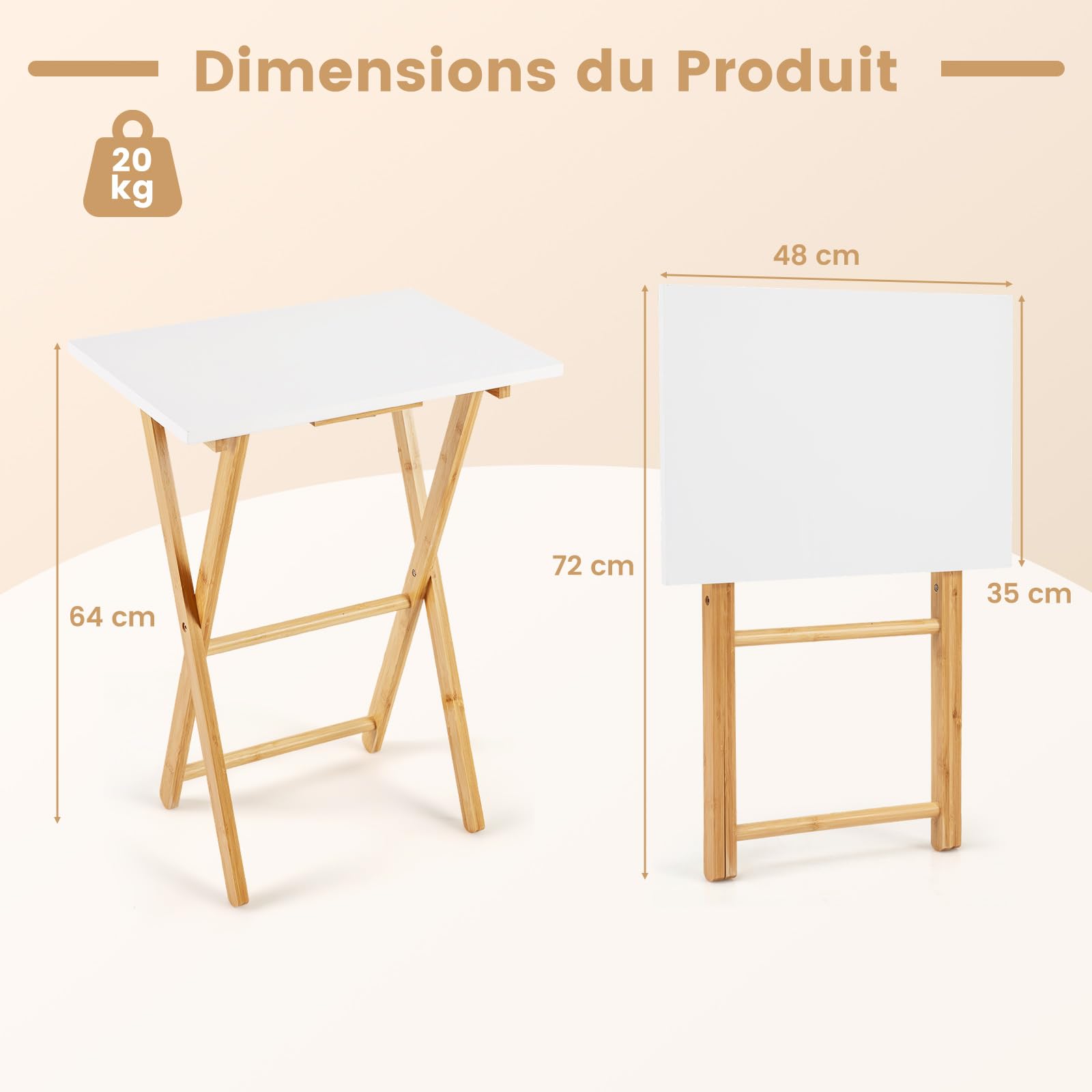 COSTWAY Petite Table Pliante en Bambou Lot de 2, Table d'Appoint de Balcon Portable, 48 x 35 x 64 cm, Montage Facile, pour Salon, Jardin, Appartement, Camping