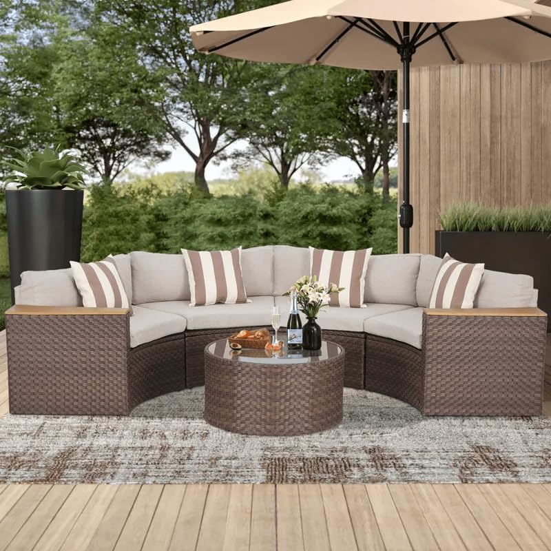 UF Outdoor Sofa Set 7 Seater with Centre Coffee Table Patio Furniture Half-Moon Shape Wicker Sectional Sofa Set Comes with Weather and Water Resistance - (Dark Brown & Cream)-image-33
