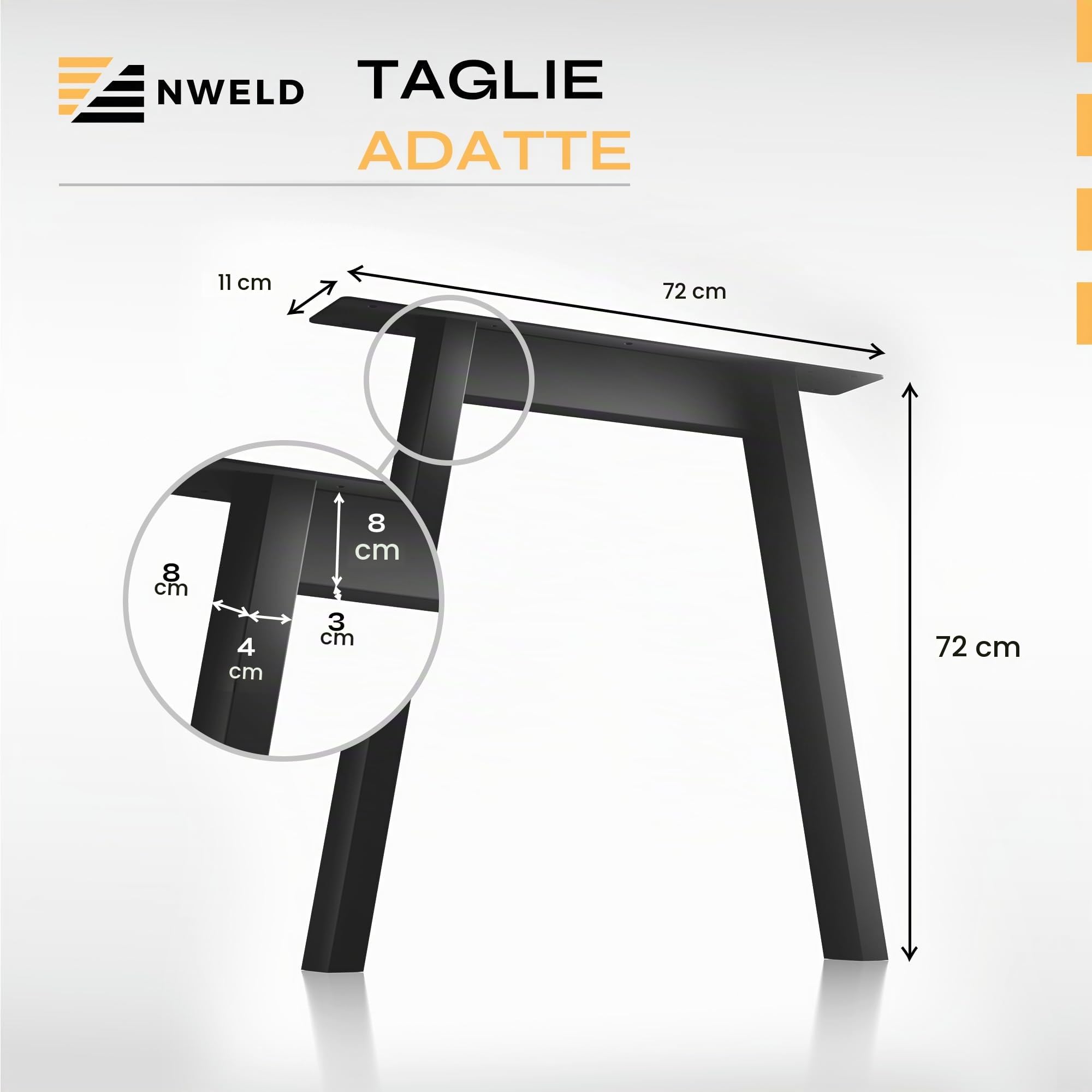 Gambe da Tavolo - Set da 2 Pezzi - Struttura in Metallo Nero 11x72 cm DIY - Gambe Loft Industriali per Tavolino, Tavolo da Pranzo, Scrivania, Tavolini da Caffè