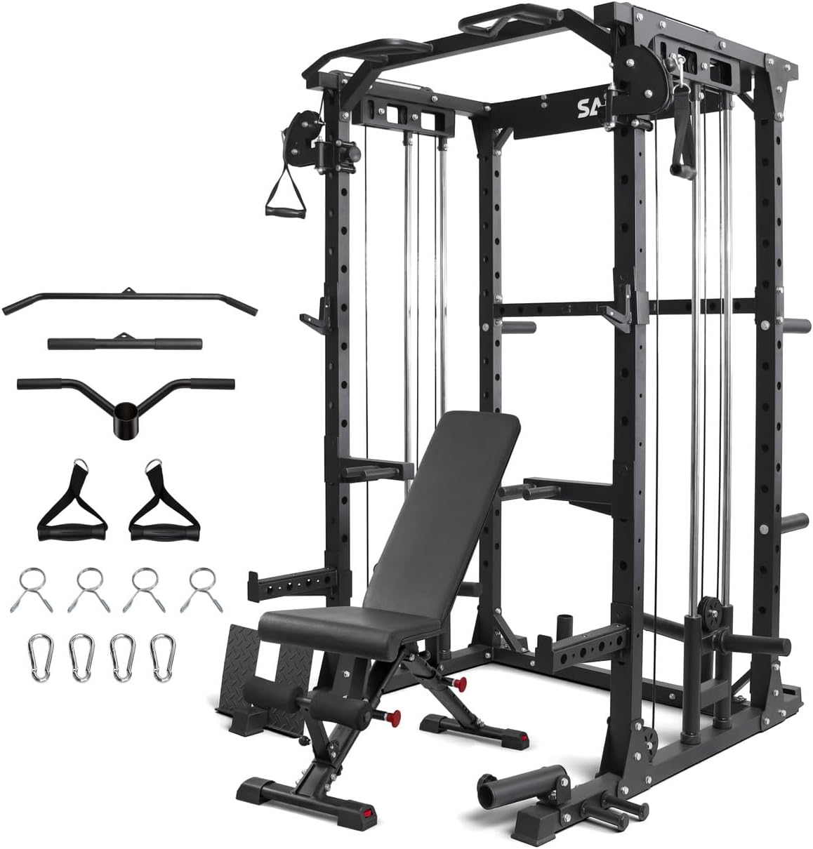 CAPHAUS Squat Rack with Pully System, Power Rack with LAT Pull Down, Pull-Up Bar, Dip Bars, Weight Bench, 260 LB Bumper Plates, 7 FT Olympic Bar & Training Attachments, Multiple Options